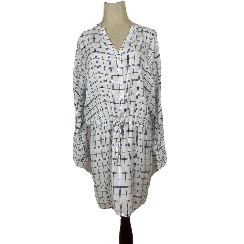Soft Joie Shirt Dress Women S White‎ Navy Windowpane Plaid Drawstring Waist